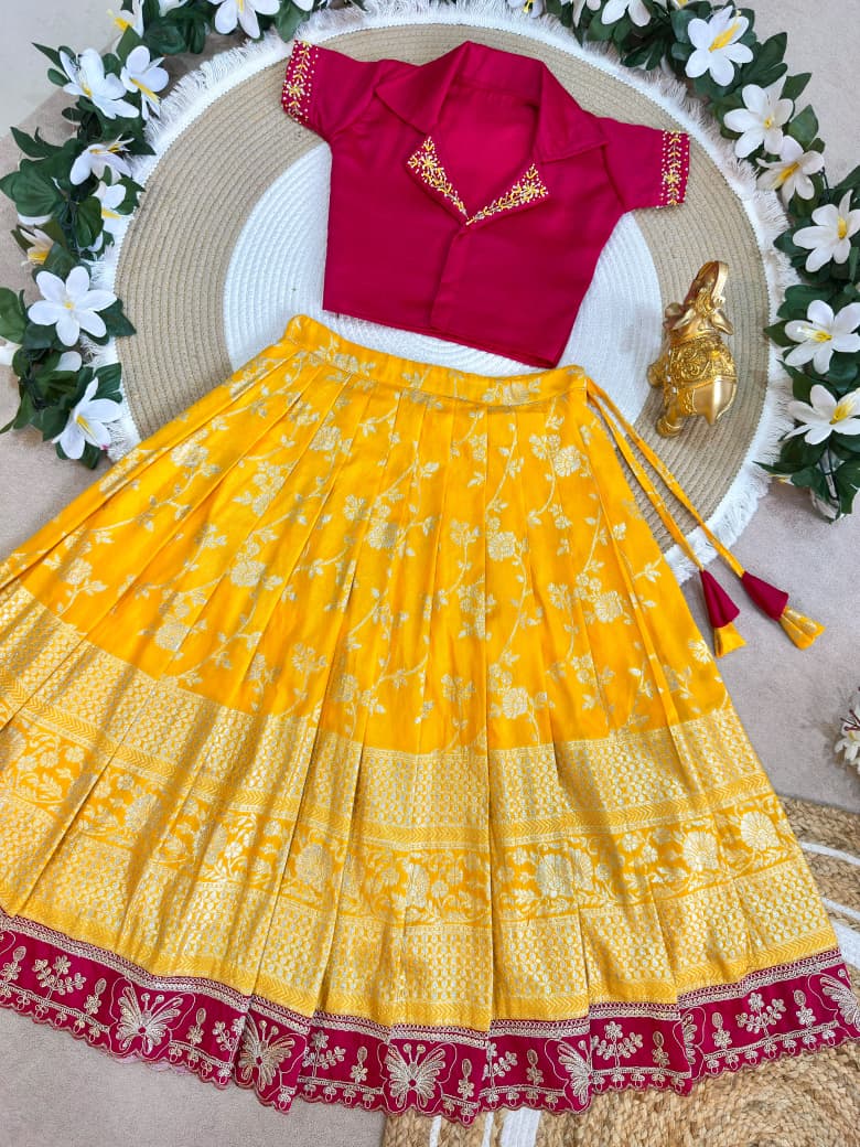 Yellow Pure Premium Dola Silk Elegant Floral Zari Work Kids Lehenga Choli