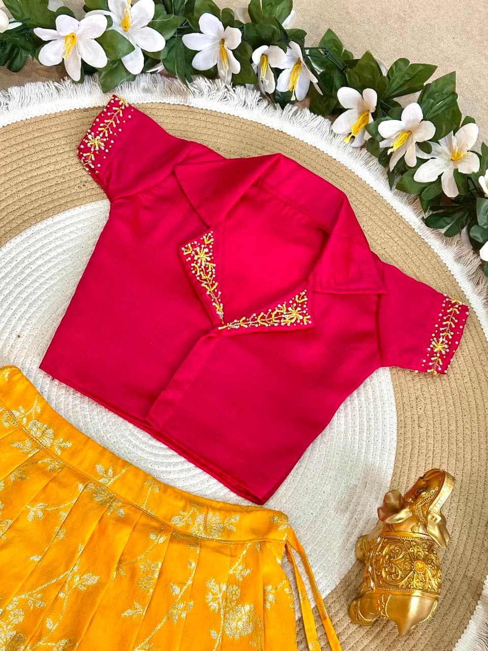 Yellow Pure Premium Dola Silk Elegant Floral Zari Work Kids Lehenga Choli