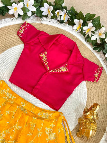Yellow Pure Premium Dola Silk Elegant Floral Zari Work Kids Lehenga Choli