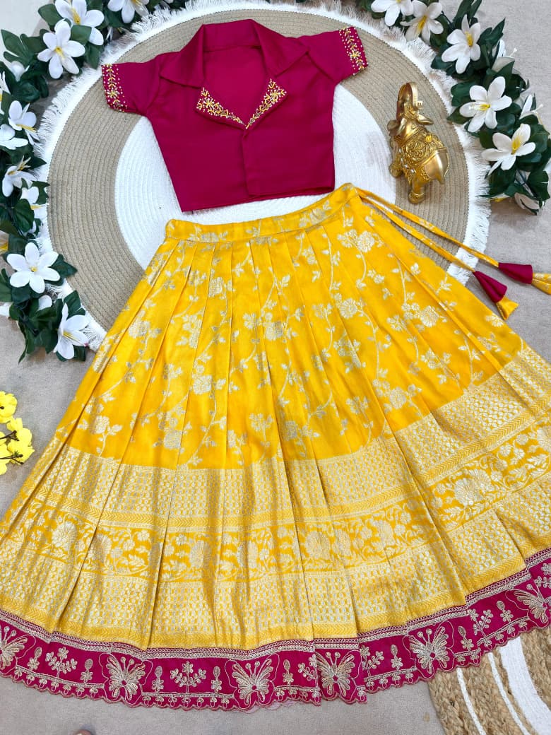 Yellow Pure Premium Dola Silk Elegant Floral Zari Work Kids Lehenga Choli