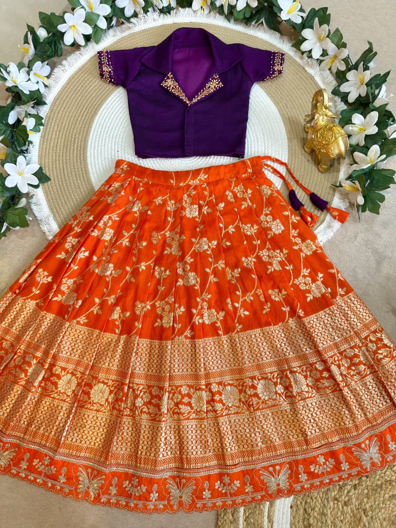 Orange Pure Premium Dola Silk Elegant Floral Zari Work Kids Lehenga Choli