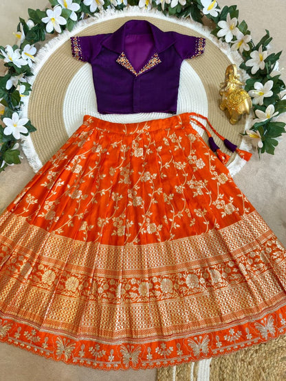 Orange Pure Premium Dola Silk Elegant Floral Zari Work Kids Lehenga Choli