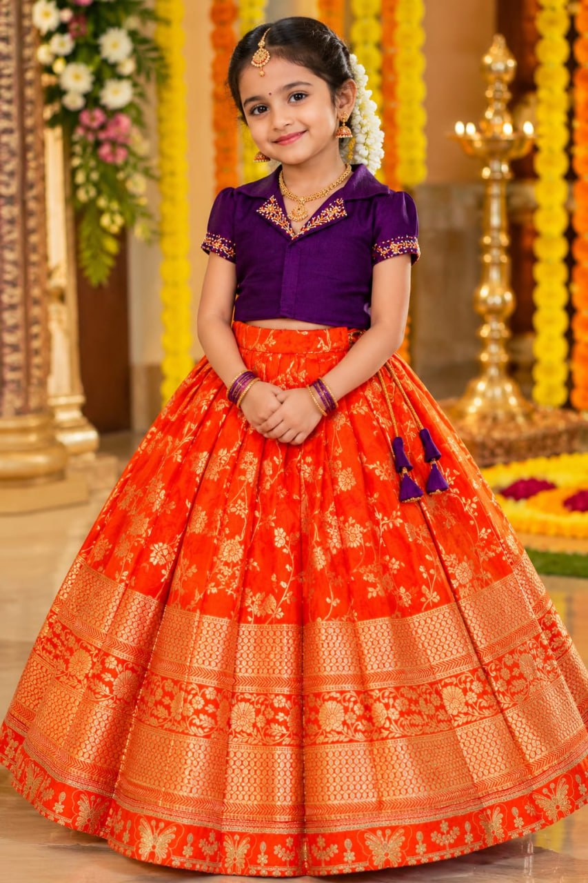 Orange Pure Premium Dola Silk Elegant Floral Zari Work Kids Lehenga Choli