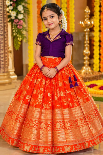 Orange Pure Premium Dola Silk Elegant Floral Zari Work Kids Lehenga Choli