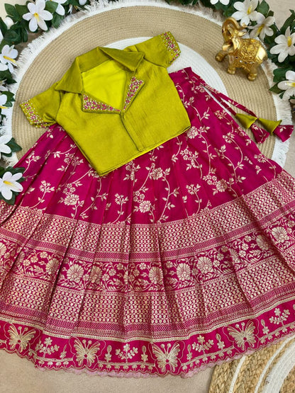 Rani Pure Premium Dola Silk Elegant Floral Zari Work Kids Lehenga Choli