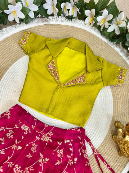 Yellow Pure Premium Dola Silk Elegant Floral Zari Work Kids Lehenga Choli