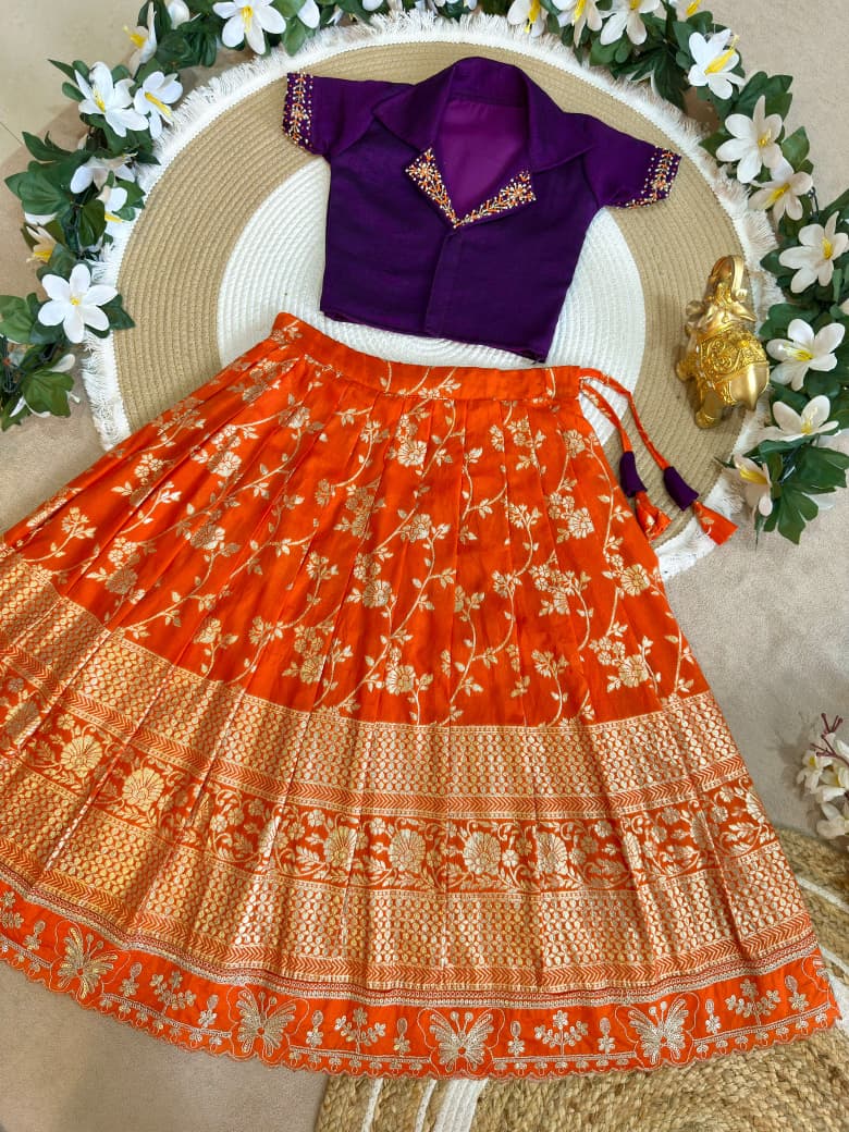 Orange Pure Premium Dola Silk Elegant Floral Zari Work Kids Lehenga Choli