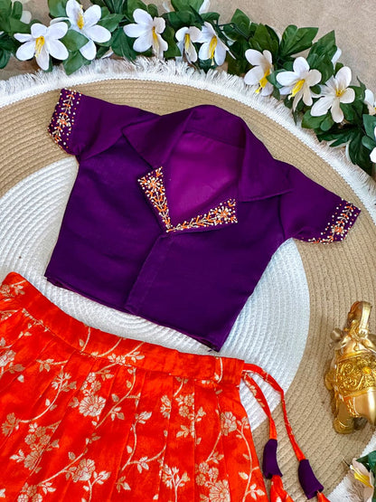 Orange Pure Premium Dola Silk Elegant Floral Zari Work Kids Lehenga Choli