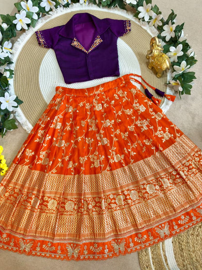 Orange Pure Premium Dola Silk Elegant Floral Zari Work Kids Lehenga Choli