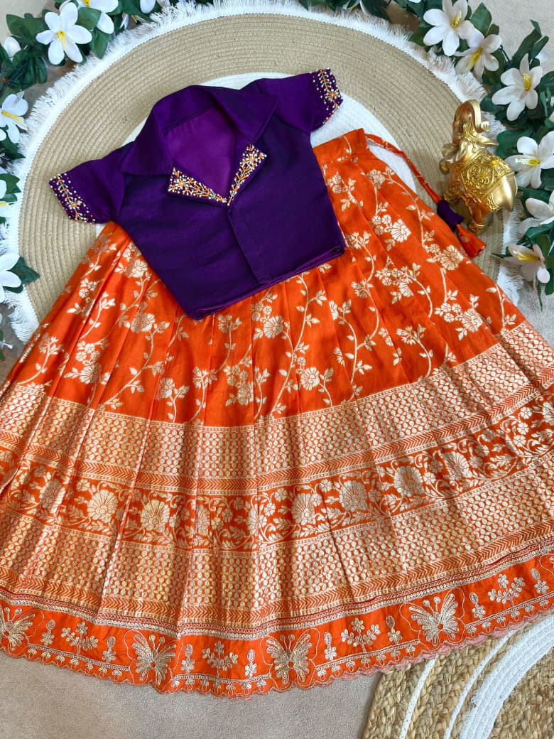 Orange Pure Premium Dola Silk Elegant Floral Zari Work Kids Lehenga Choli