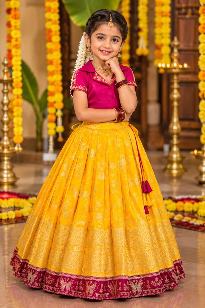 Yellow Pure Premium Dola Silk Elegant Floral Zari Work Kids Lehenga Choli
