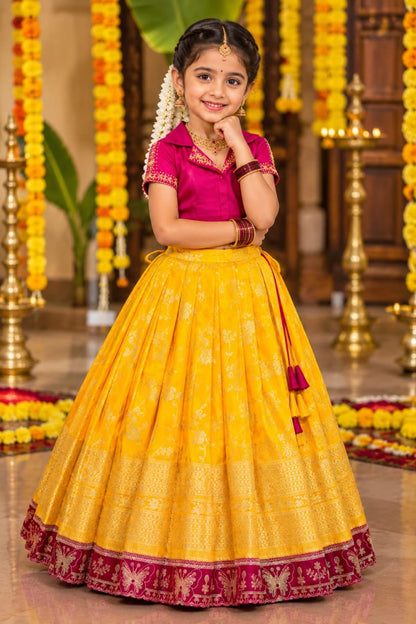 Yellow Pure Premium Dola Silk Elegant Floral Zari Work Kids Lehenga Choli