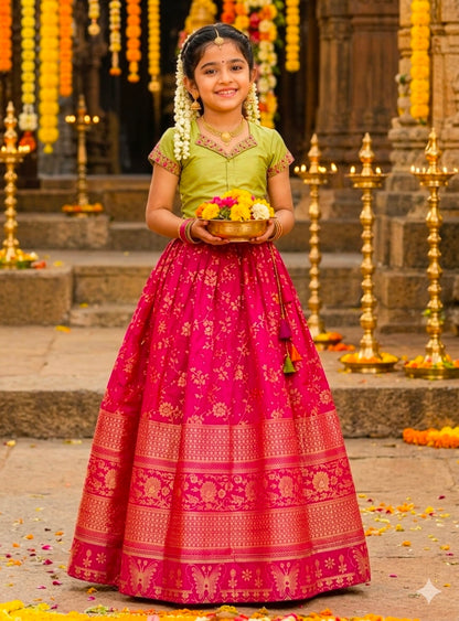 Rani Pure Premium Dola Silk Elegant Floral Zari Work Kids Lehenga Choli
