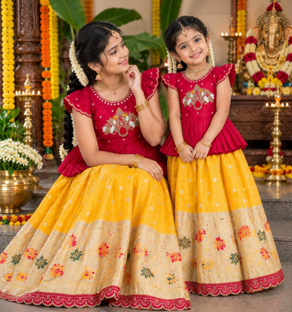 Yellow Pure Pure Viscose Tissue Work Kids Lehenga Choli