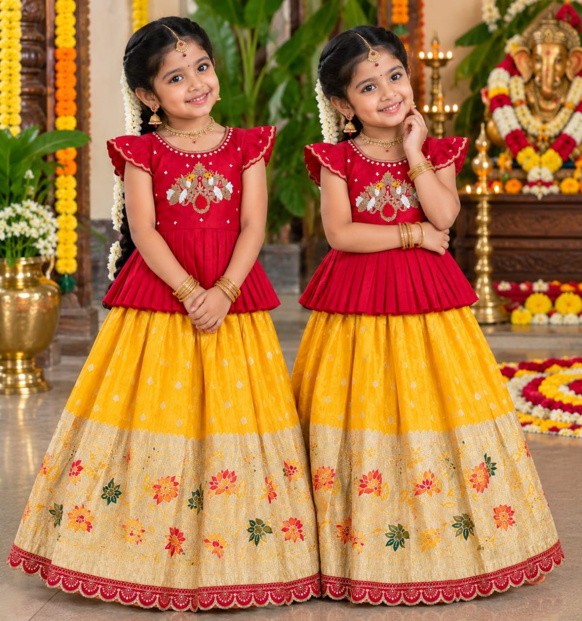 Yellow Pure Pure Viscose Tissue Work Kids Lehenga Choli