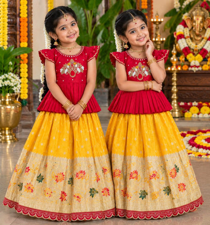 Yellow Pure Pure Viscose Tissue Work Kids Lehenga Choli
