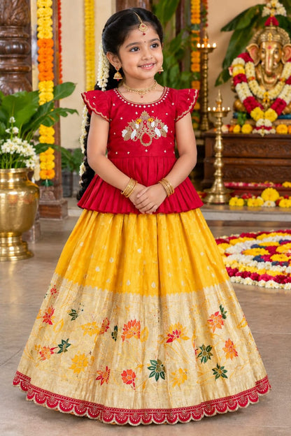 Yellow Pure Pure Viscose Tissue Work Kids Lehenga Choli