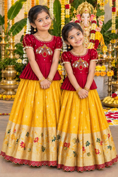 Yellow Pure Pure Viscose Tissue Work Kids Lehenga Choli