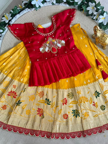 Yellow Pure Pure Viscose Tissue Work Kids Lehenga Choli