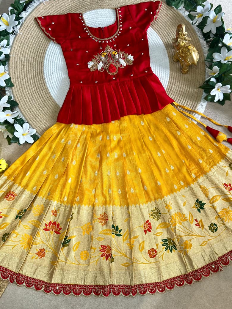 Yellow Pure Pure Viscose Tissue Work Kids Lehenga Choli