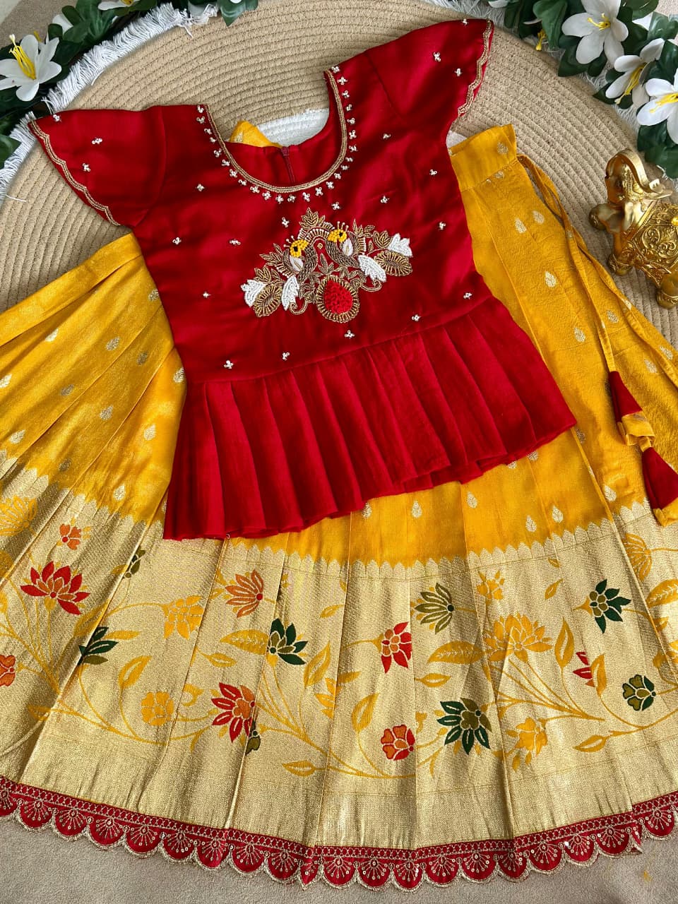 Yellow Pure Pure Viscose Tissue Work Kids Lehenga Choli
