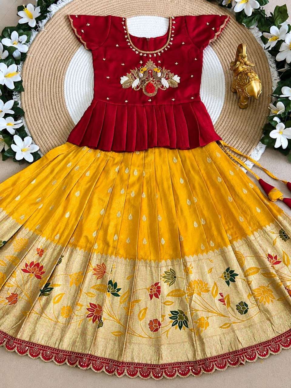 Yellow Pure Pure Viscose Tissue Work Kids Lehenga Choli