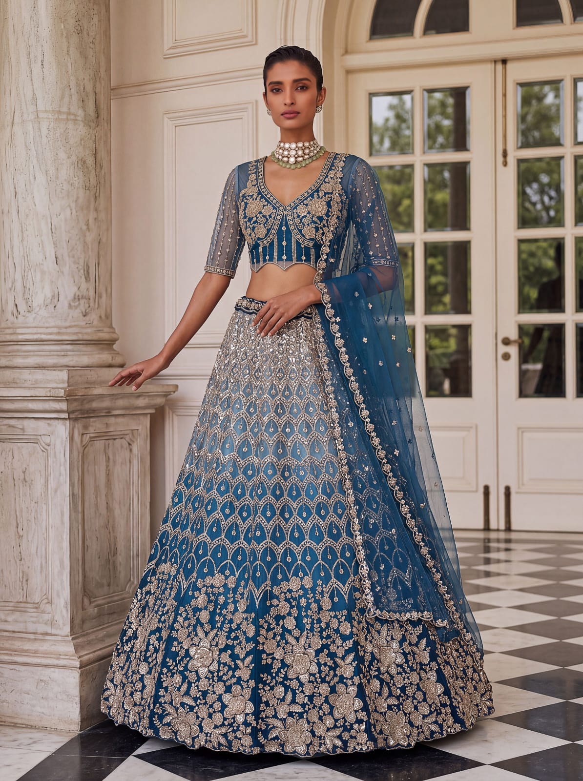Blue Pure Heavy Net Motif Handwork Zari Sequins Work Bridal Lehenga Choli
