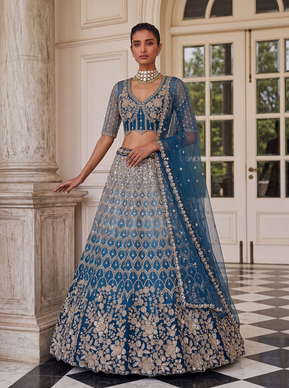 Blue Pure Heavy Net Motif Handwork Zari Sequins Work Bridal Lehenga Choli