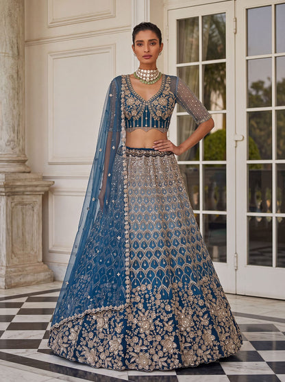 Blue Pure Heavy Net Motif Handwork Zari Sequins Work Bridal Lehenga Choli