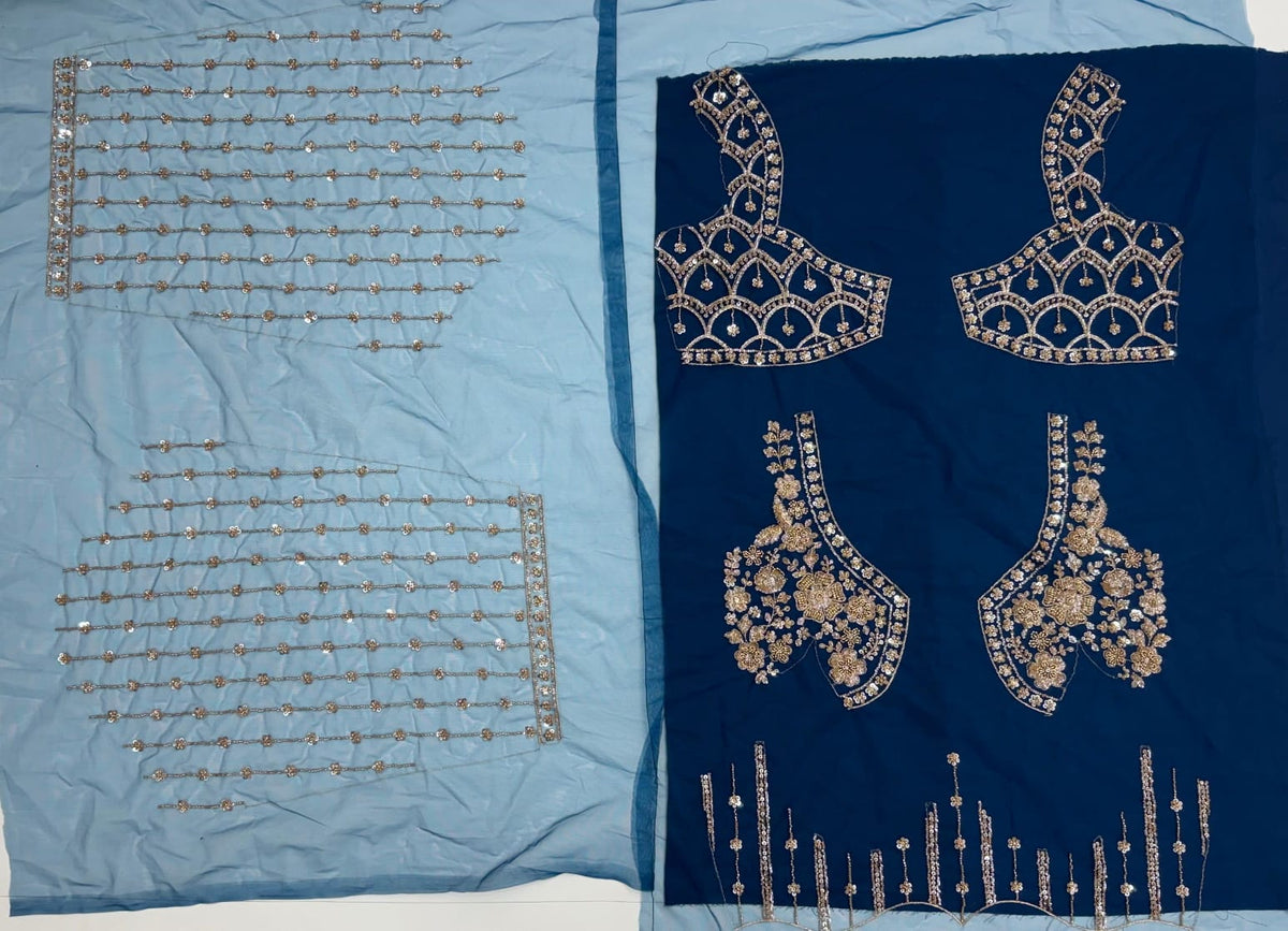 Blue Pure Heavy Net Motif Handwork Zari Sequins Work Bridal Lehenga Choli
