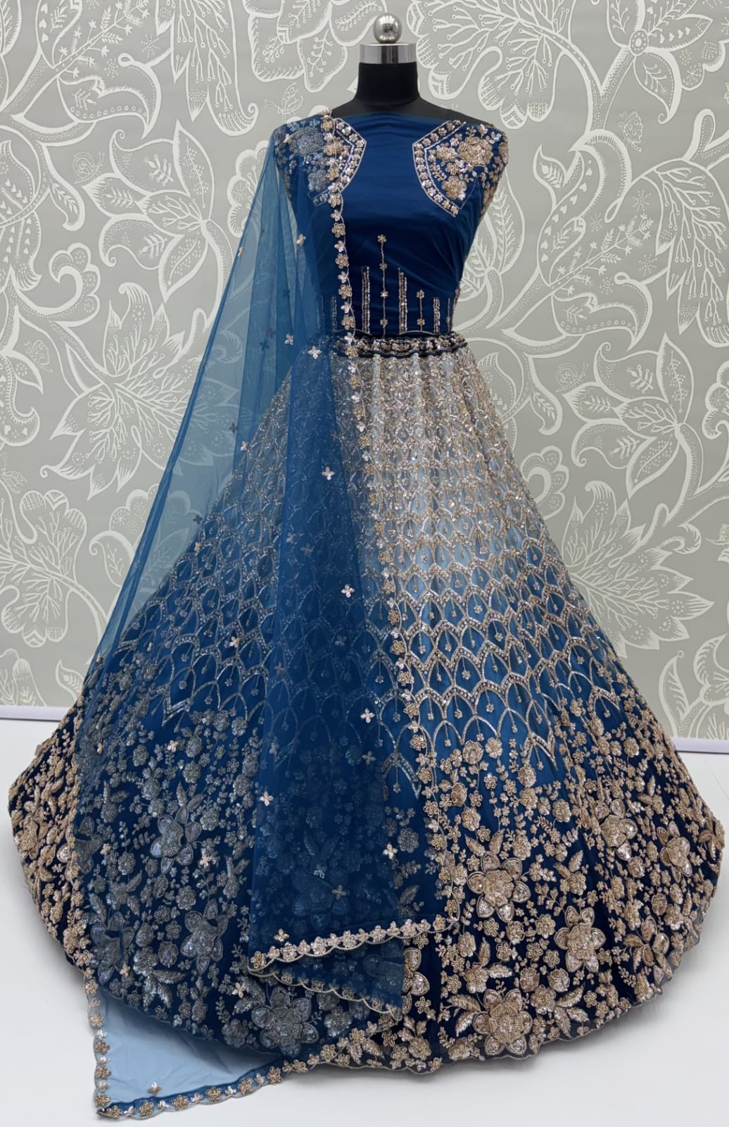 Blue Pure Heavy Net Motif Handwork Zari Sequins Work Bridal Lehenga Choli