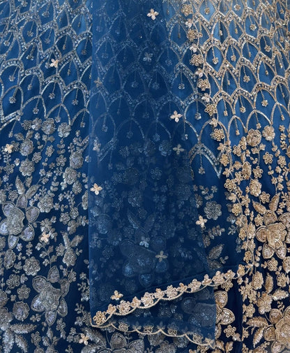 Blue Pure Heavy Net Motif Handwork Zari Sequins Work Bridal Lehenga Choli