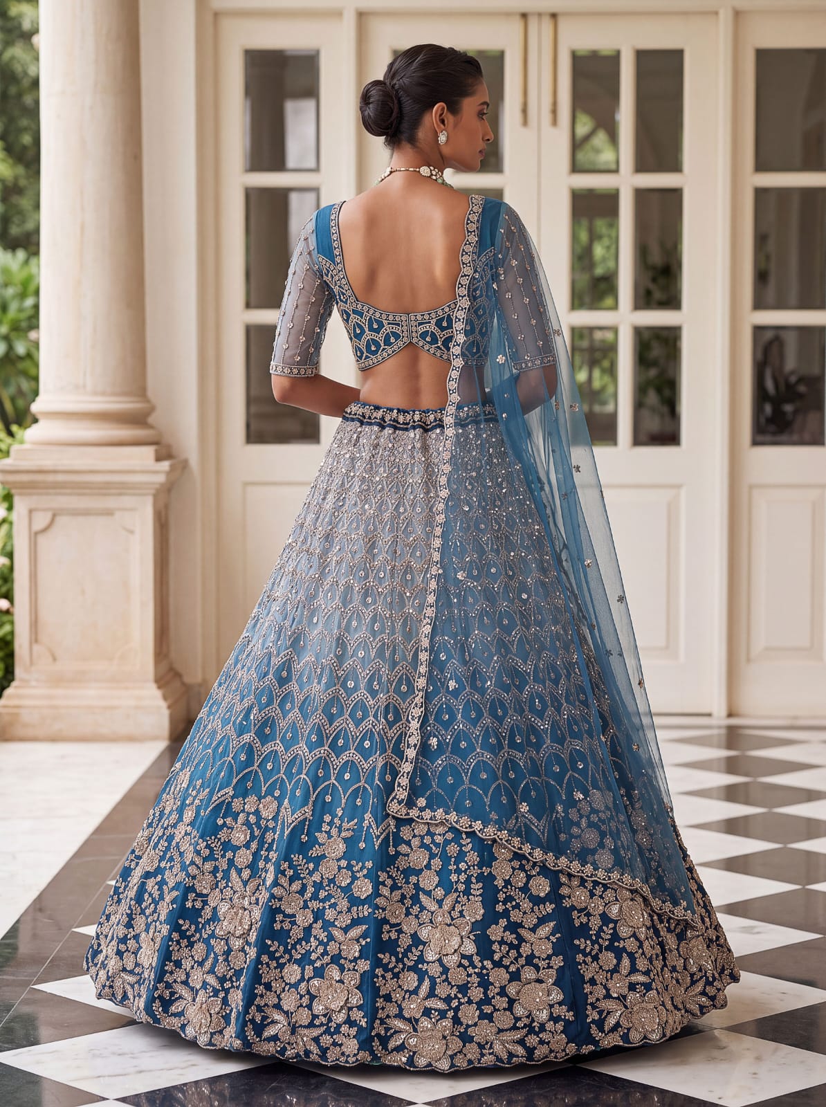 Blue Pure Heavy Net Motif Handwork Zari Sequins Work Bridal Lehenga Choli