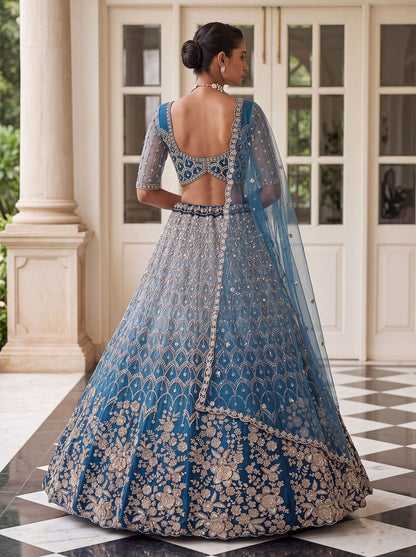 Blue Pure Heavy Net Motif Handwork Zari Sequins Work Bridal Lehenga Choli