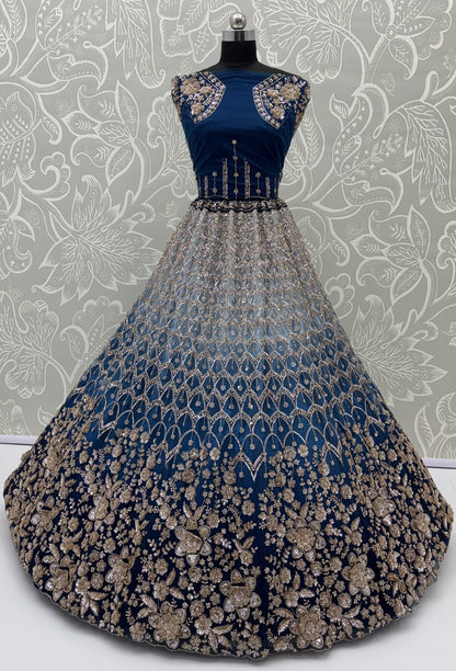 Blue Pure Heavy Net Motif Handwork Zari Sequins Work Bridal Lehenga Choli