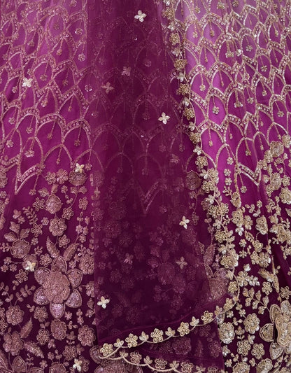 Purple Pure Heavy Net Motif Handwork Zari Sequins Work Bridal Lehenga Choli