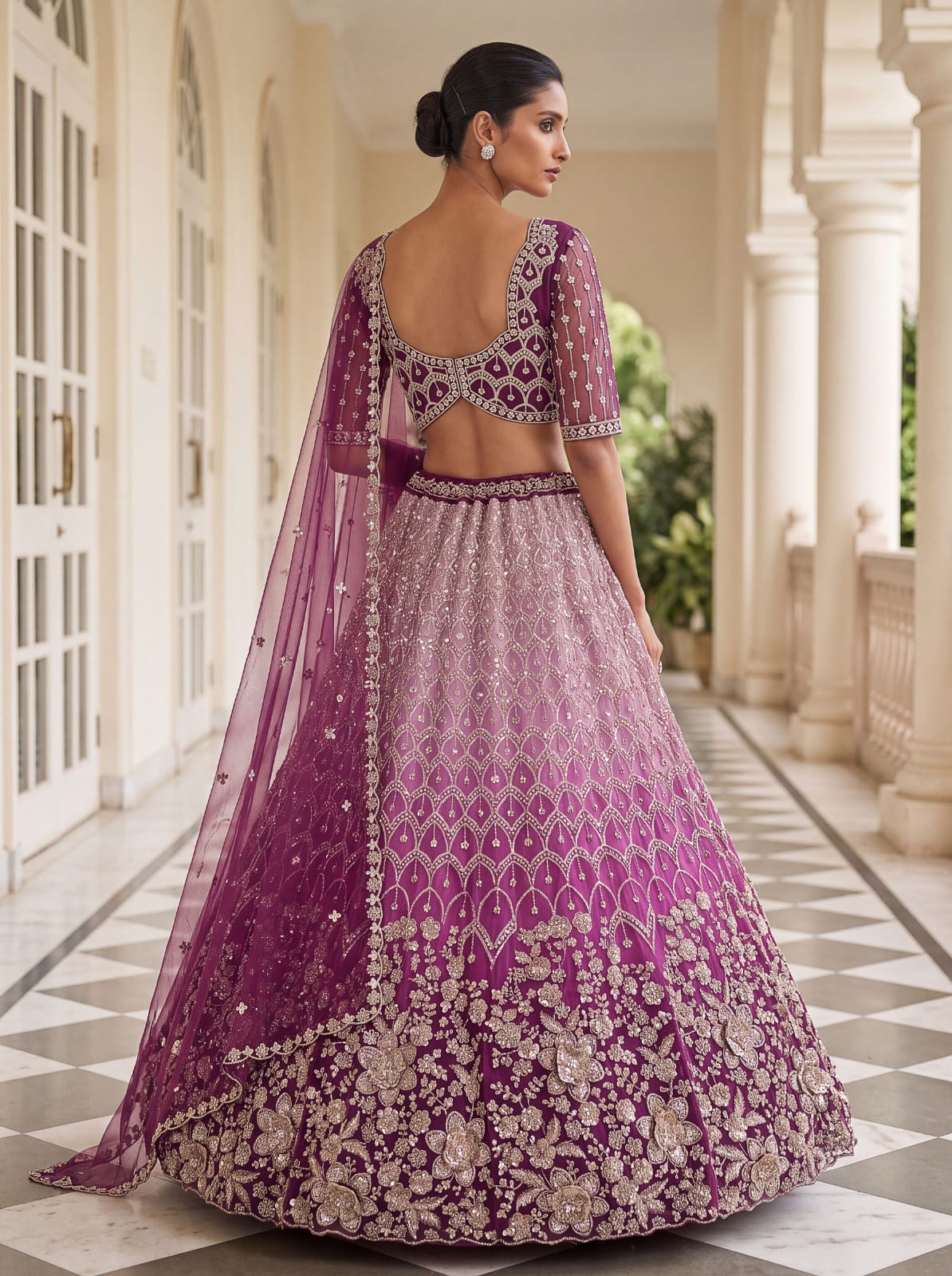 Purple Pure Heavy Net Motif Handwork Zari Sequins Work Bridal Lehenga Choli