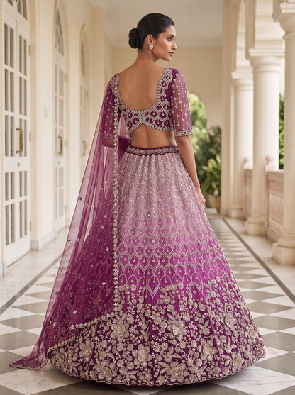 Purple Pure Heavy Net Motif Handwork Zari Sequins Work Bridal Lehenga Choli