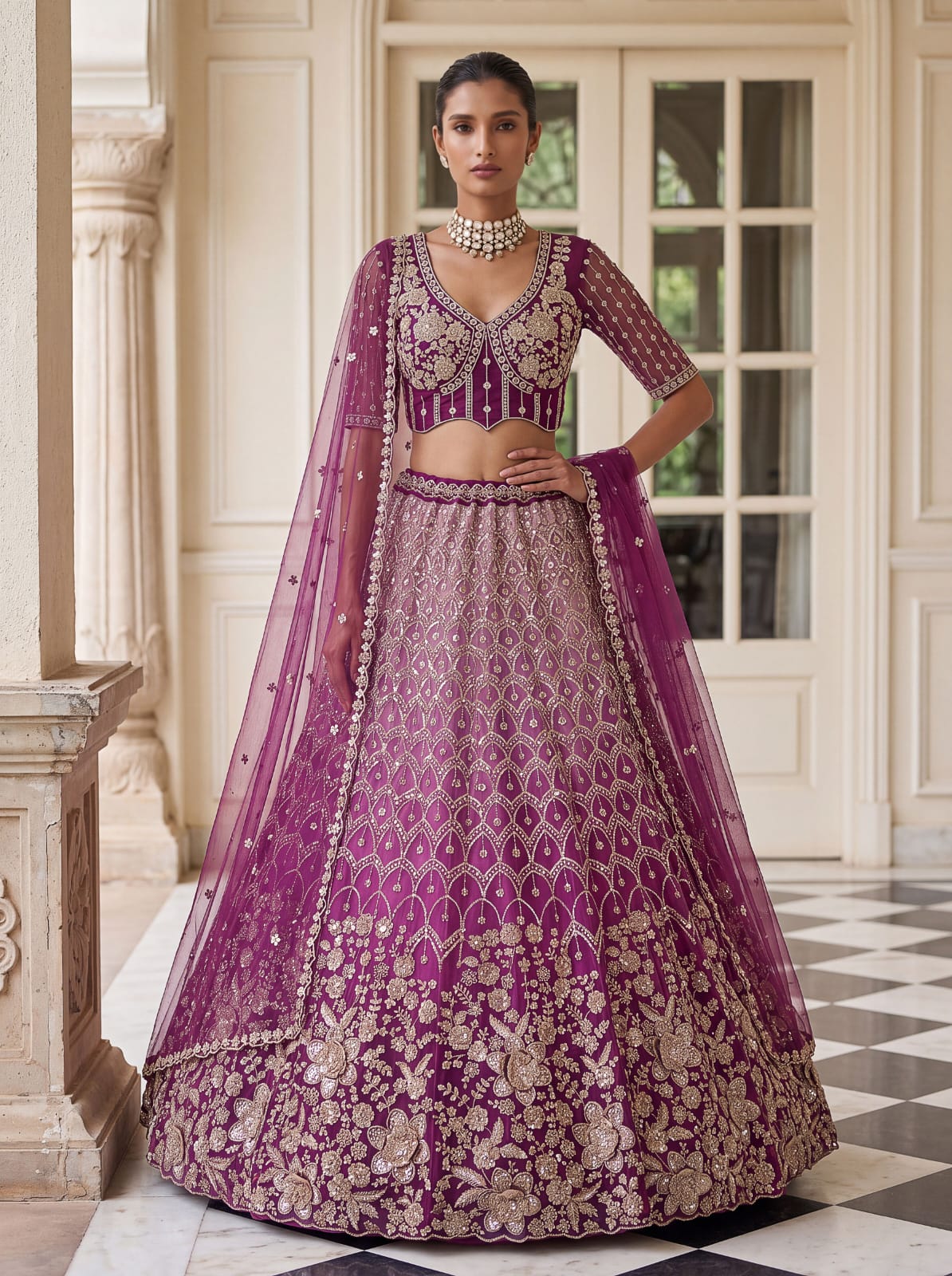 Purple Pure Heavy Net Motif Handwork Zari Sequins Work Bridal Lehenga Choli