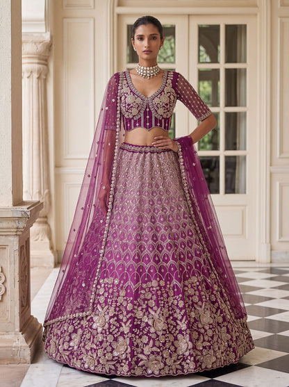 Purple Pure Heavy Net Motif Handwork Zari Sequins Work Bridal Lehenga Choli