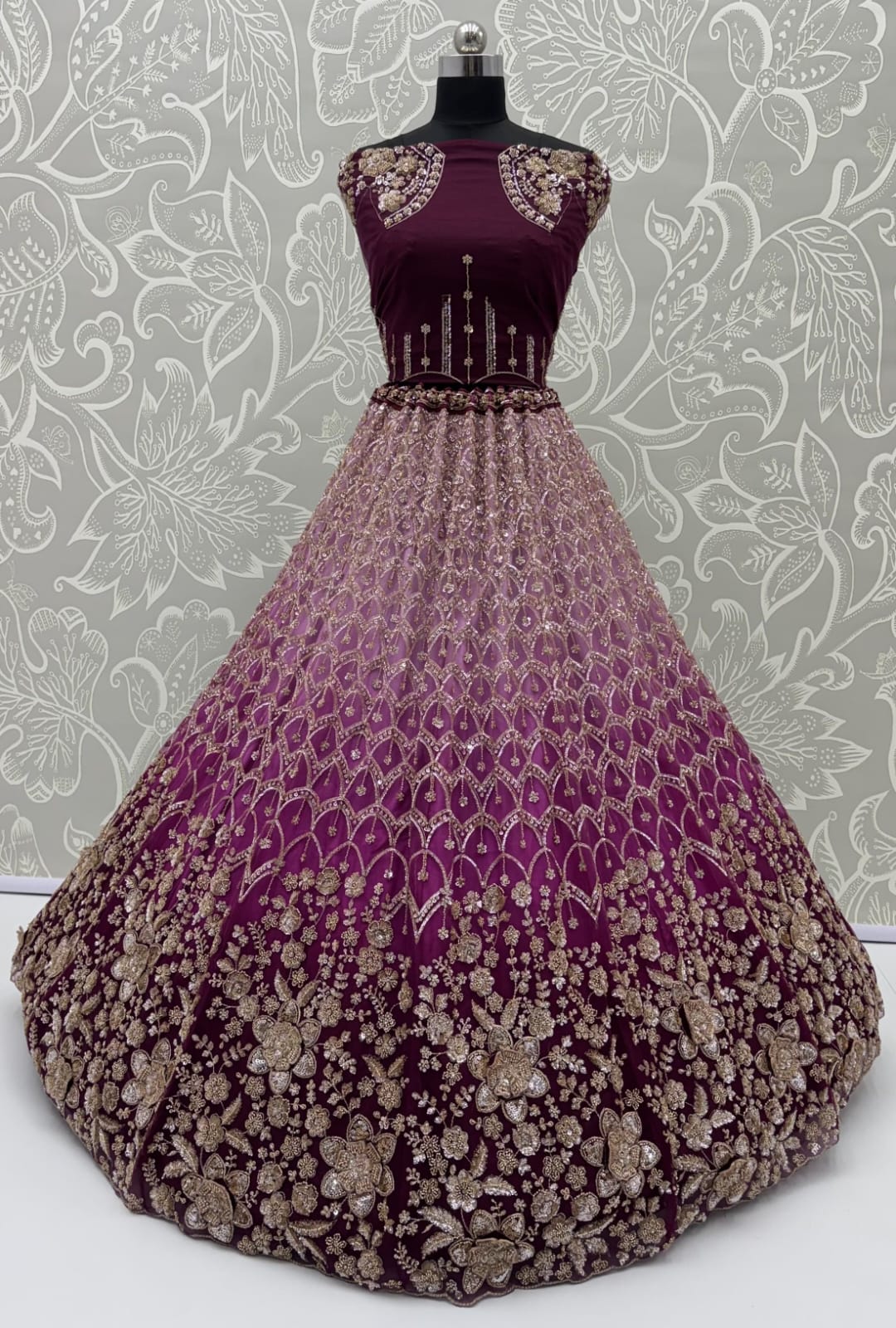 Purple Pure Heavy Net Motif Handwork Zari Sequins Work Bridal Lehenga Choli