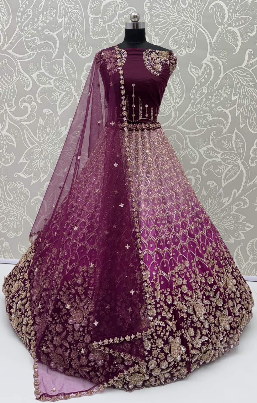 Purple Pure Heavy Net Motif Handwork Zari Sequins Work Bridal Lehenga Choli
