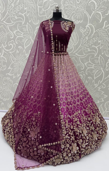 Purple Pure Heavy Net Motif Handwork Zari Sequins Work Bridal Lehenga Choli