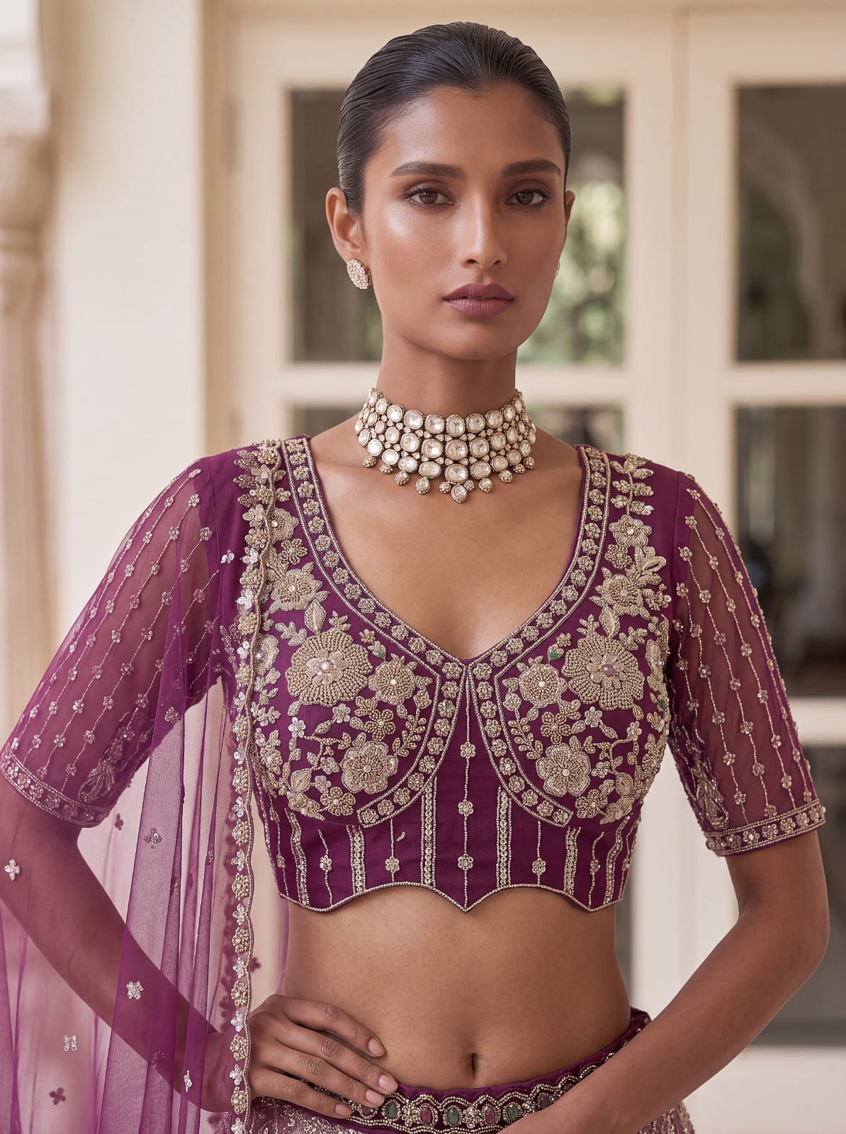 Purple Pure Heavy Net Motif Handwork Zari Sequins Work Bridal Lehenga Choli
