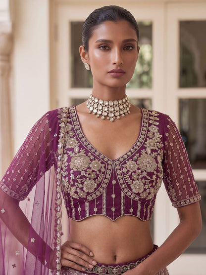Purple Pure Heavy Net Motif Handwork Zari Sequins Work Bridal Lehenga Choli