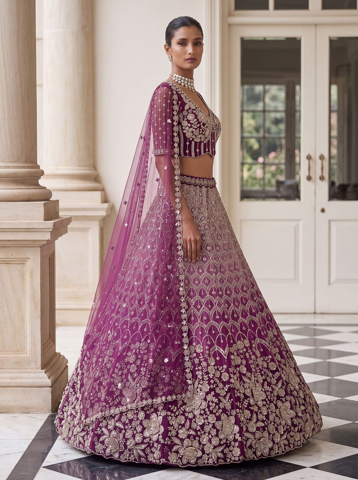 Purple Pure Heavy Net Motif Handwork Zari Sequins Work Bridal Lehenga Choli