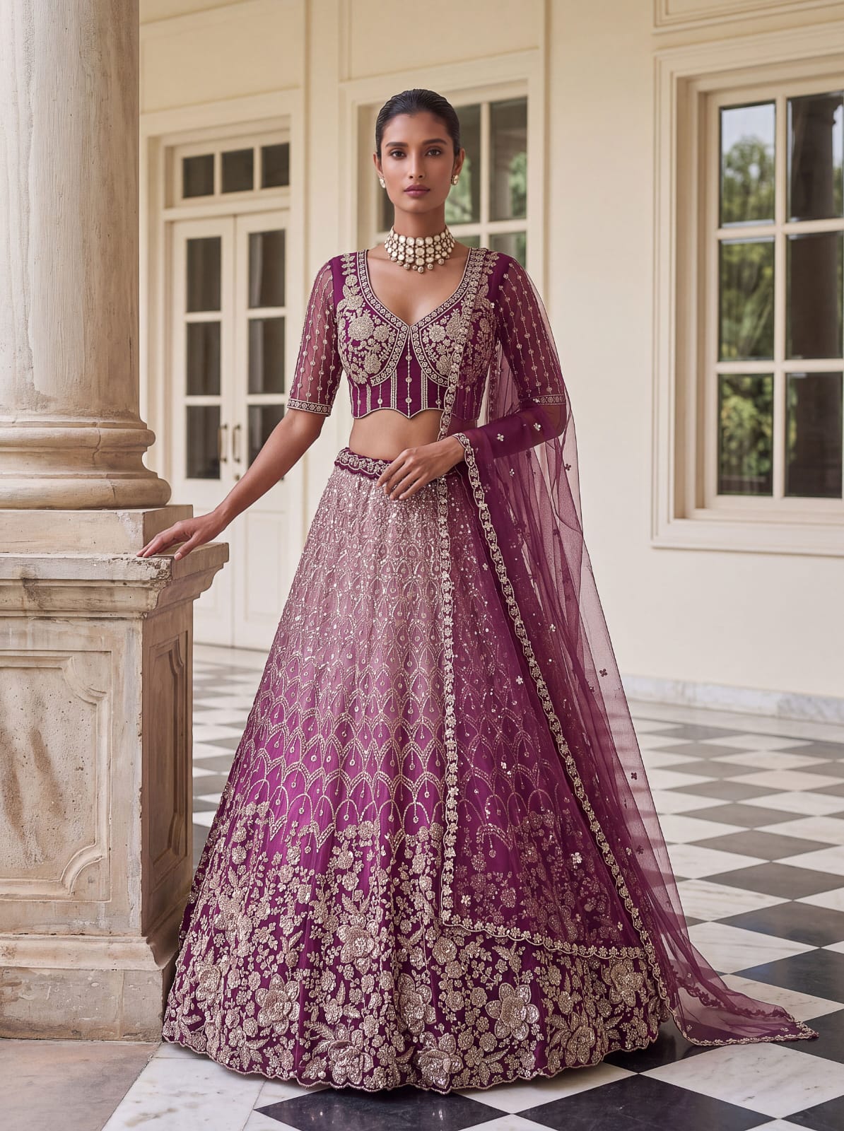 Purple Pure Heavy Net Motif Handwork Zari Sequins Work Bridal Lehenga Choli
