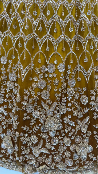 Gold Pure Heavy Net Motif Handwork Zari Sequins Work Bridal Lehenga Choli