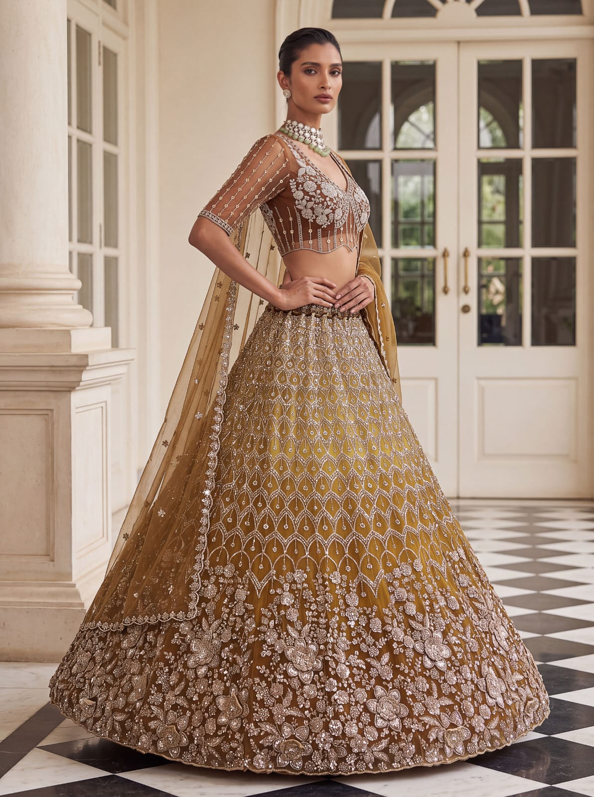 Gold Pure Heavy Net Motif Handwork Zari Sequins Work Bridal Lehenga Choli