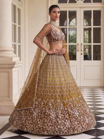 Gold Pure Heavy Net Motif Handwork Zari Sequins Work Bridal Lehenga Choli